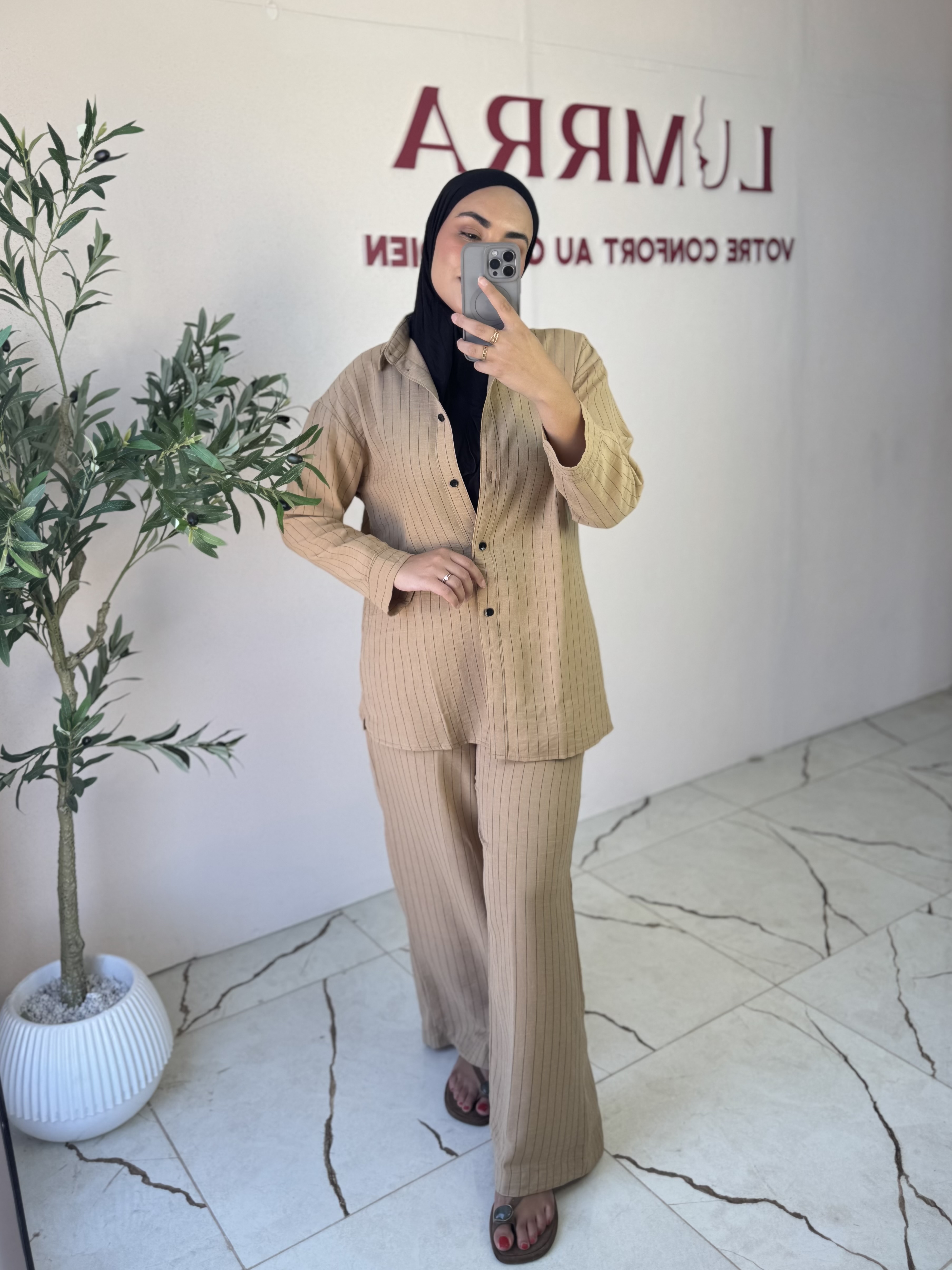 Ensemble Lin Rayé - Taille: M : 38-40 | Couleur: Camel