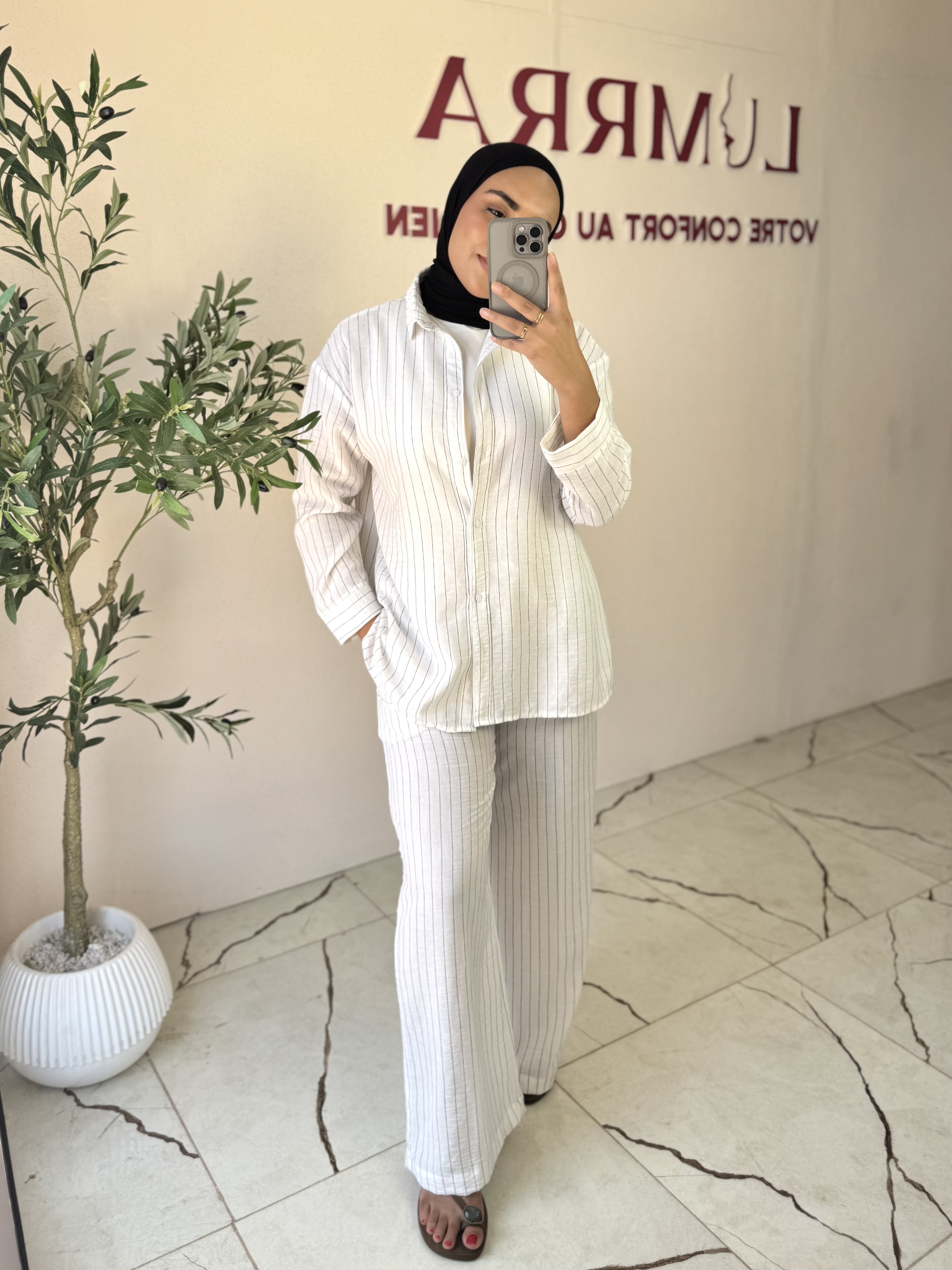 Ensemble Lin Rayé - Taille: S : 36-38 | Couleur: Blanc 